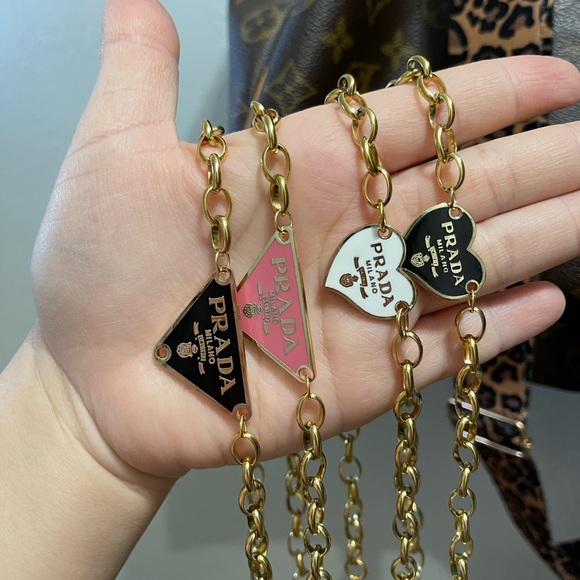 Upcycled Prada Pendent Chain Necklace 18K Plated Stainless - Picture 2 of 5